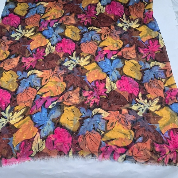 Fabric Sheer Fall Leaves Pink Brown Blue Sparkle 2 yards 10" X 44" Wide - Picture 1 of 6